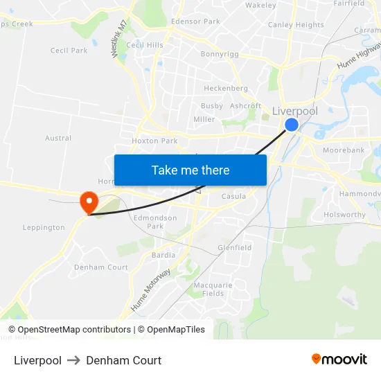 Liverpool to Denham Court map