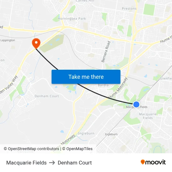 Macquarie Fields to Denham Court map