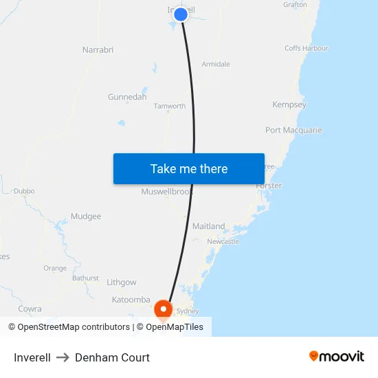Inverell to Denham Court map