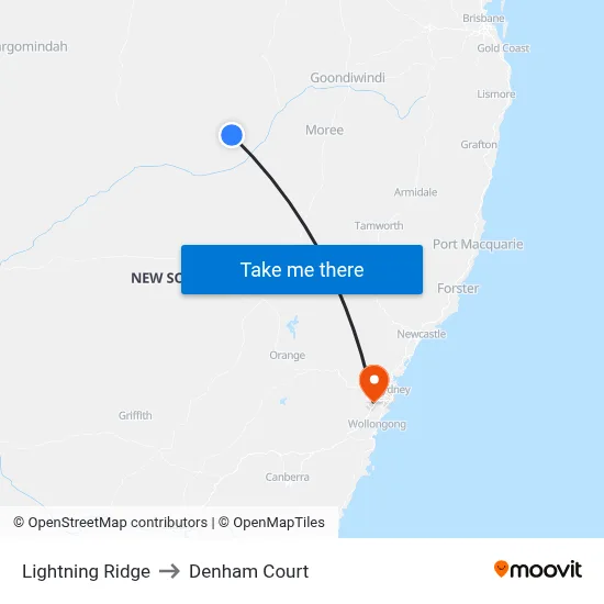 Lightning Ridge to Denham Court map