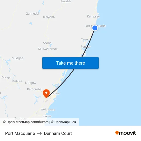 Port Macquarie to Denham Court map