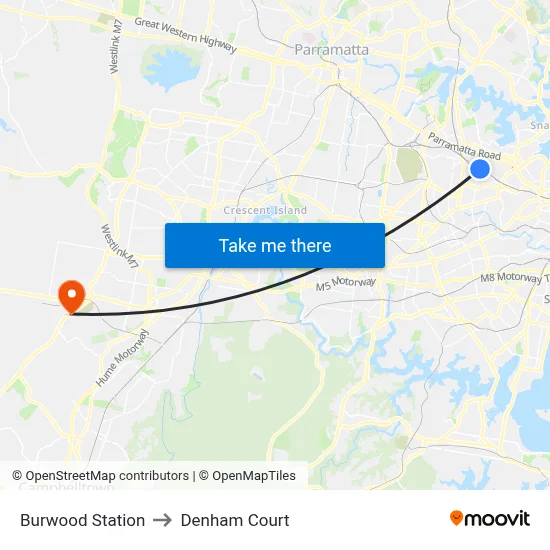 Burwood Station to Denham Court map