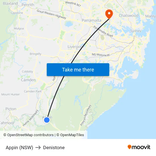 Appin (NSW) to Denistone map