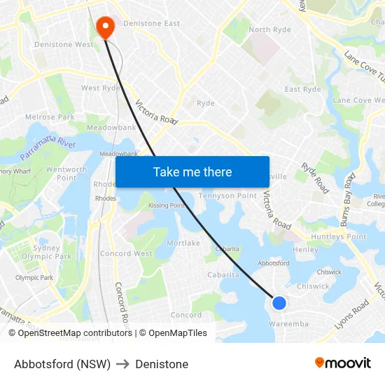 Abbotsford (NSW) to Denistone map