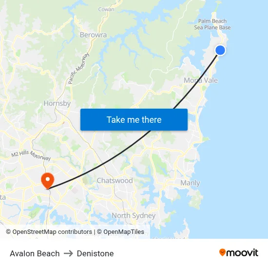 Avalon Beach to Denistone map
