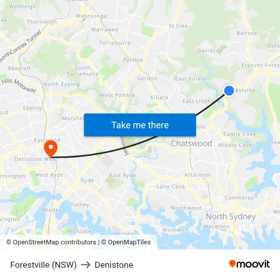 Forestville (NSW) to Denistone map