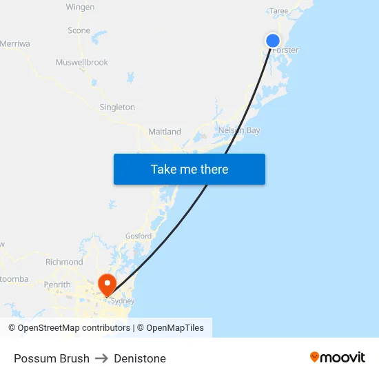 Possum Brush to Denistone map