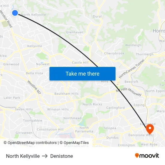 North Kellyville to Denistone map