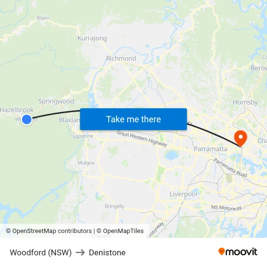 Woodford (NSW) to Denistone map
