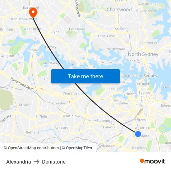 Alexandria to Denistone map