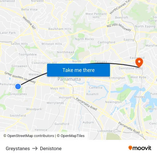 Greystanes to Denistone map
