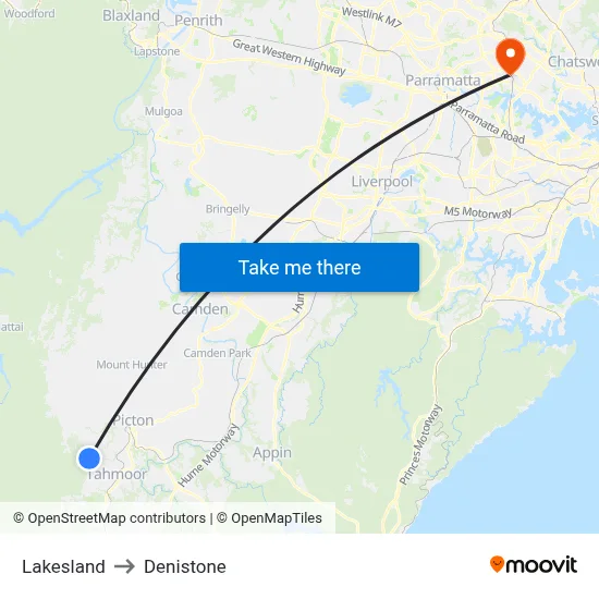 Lakesland to Denistone map