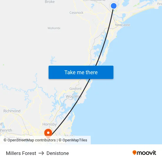 Millers Forest to Denistone map