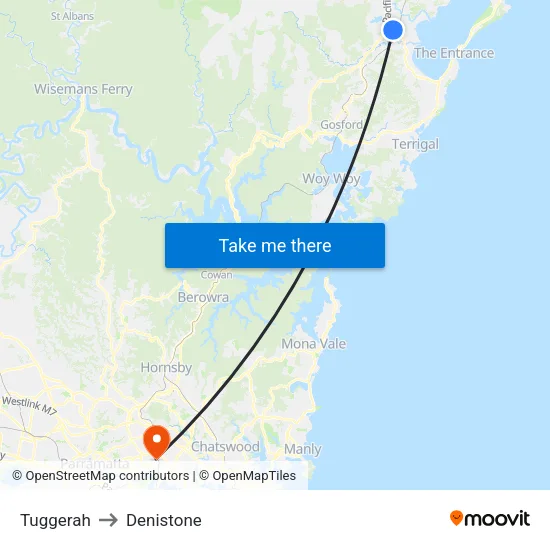 Tuggerah to Denistone map