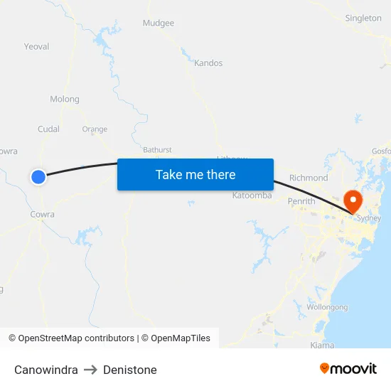 Canowindra to Denistone map