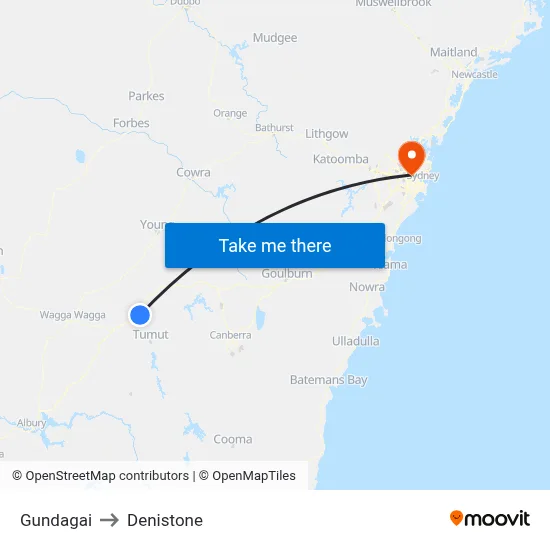 Gundagai to Denistone map