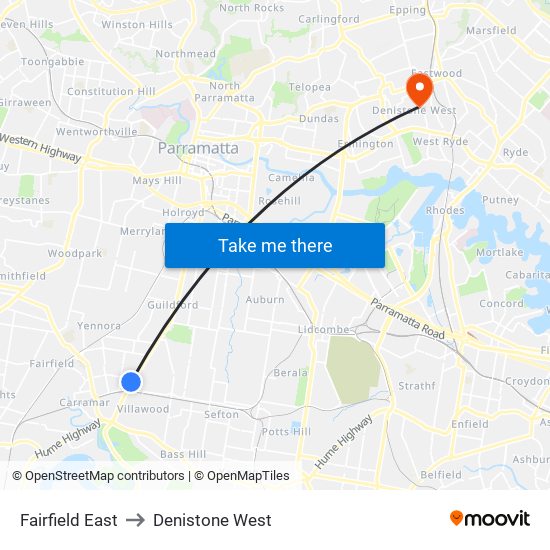 Fairfield East to Denistone West map