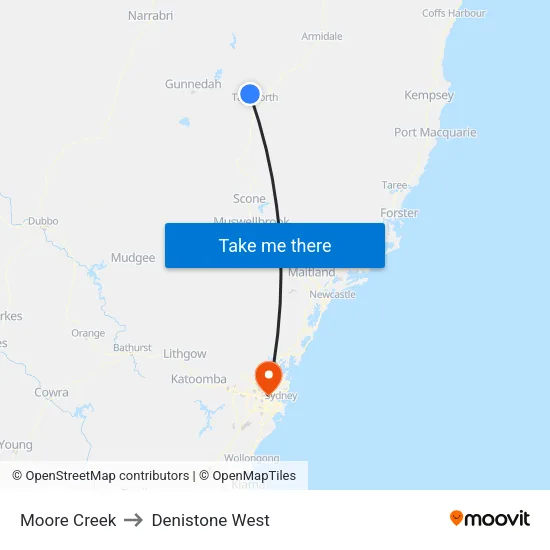 Moore Creek to Denistone West map