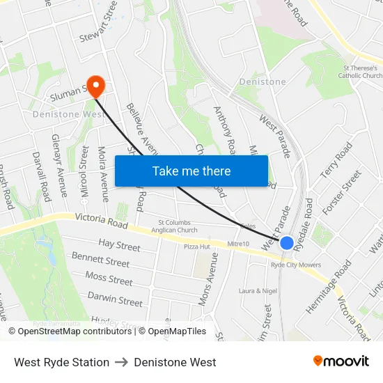 West Ryde Station to Denistone West map
