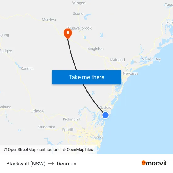 Blackwall (NSW) to Denman map
