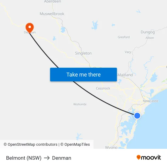 Belmont (NSW) to Denman map