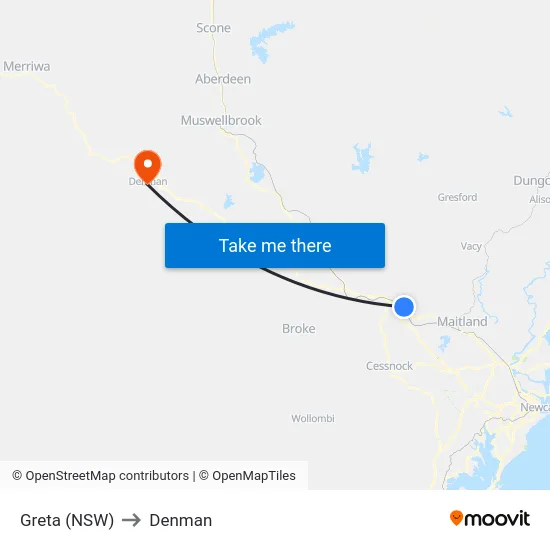 Greta (NSW) to Denman map