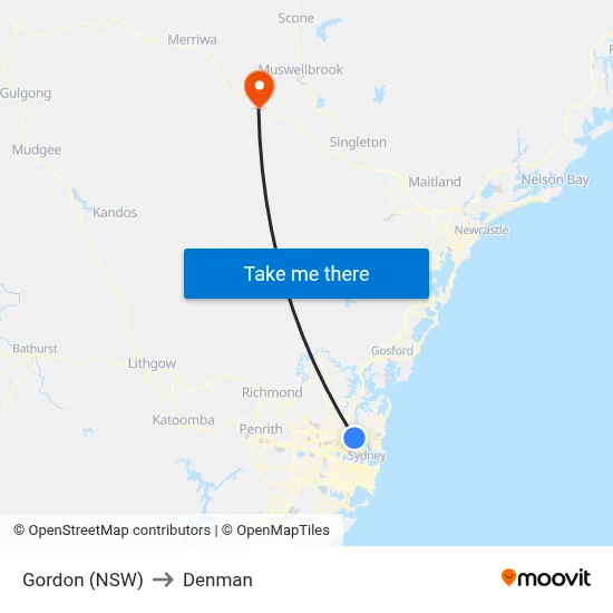 Gordon (NSW) to Denman map