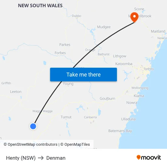 Henty (NSW) to Denman map