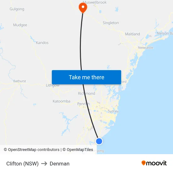 Clifton (NSW) to Denman map