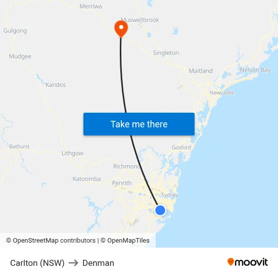 Carlton (NSW) to Denman map