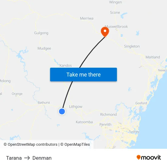Tarana to Denman map