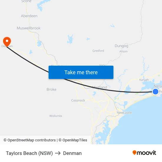 Taylors Beach (NSW) to Denman map