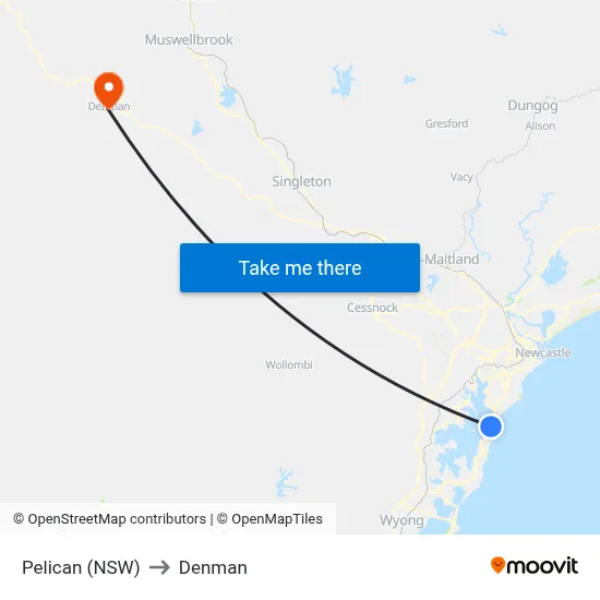 Pelican (NSW) to Denman map