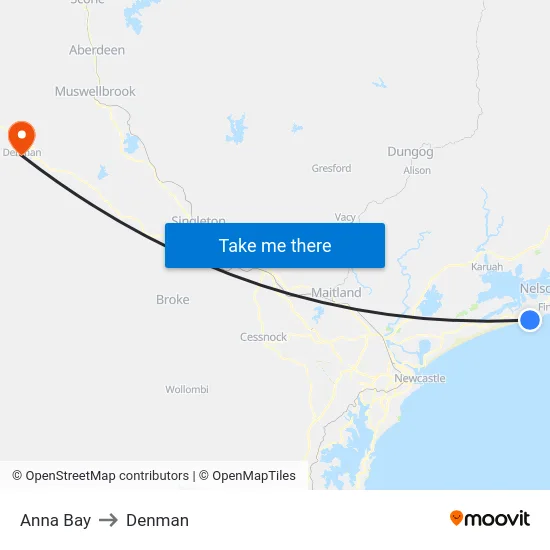 Anna Bay to Denman map