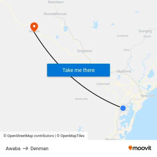 Awaba to Denman map