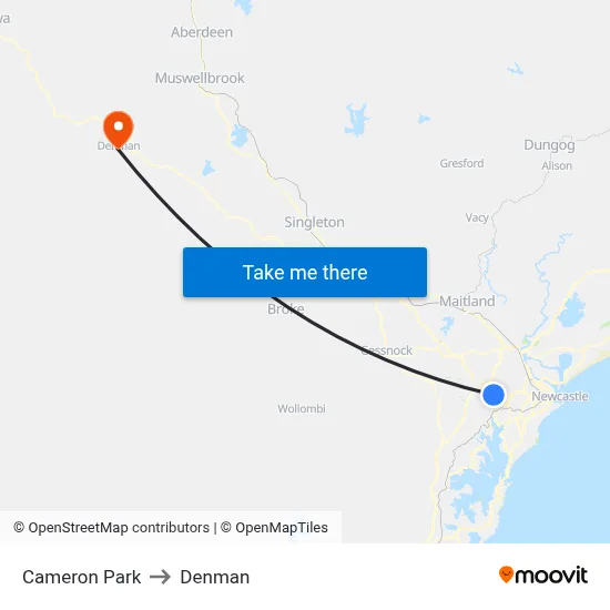 Cameron Park to Denman map