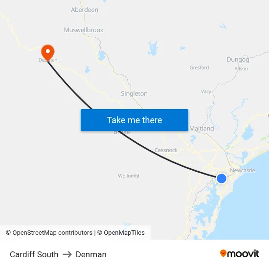 Cardiff South to Denman map