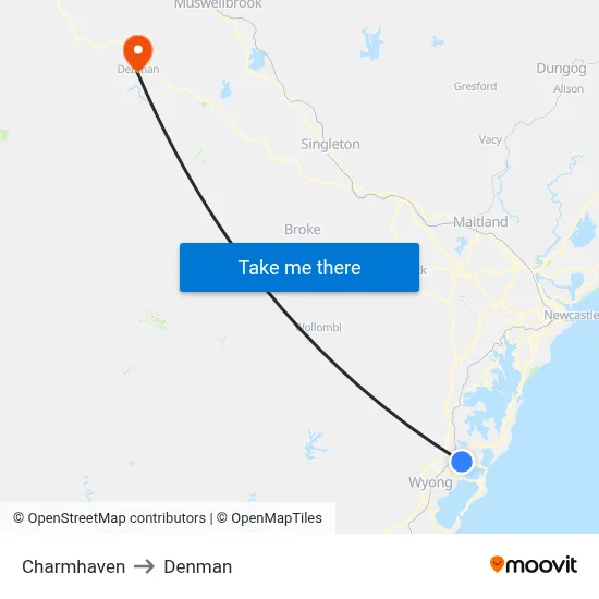 Charmhaven to Denman map
