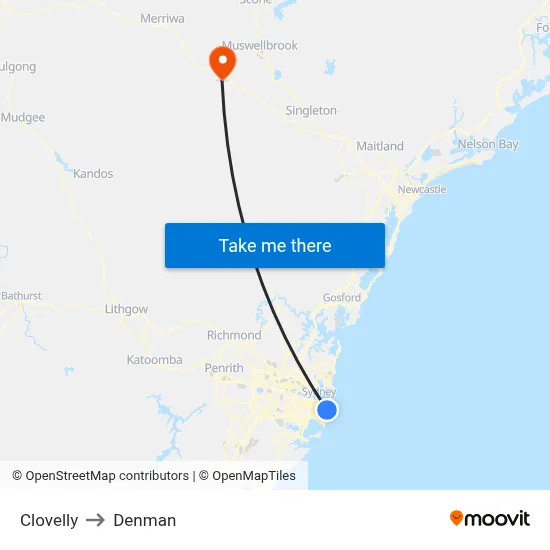 Clovelly to Denman map