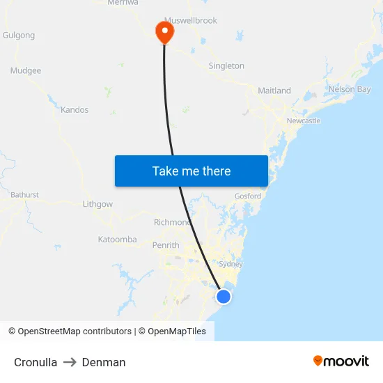 Cronulla to Denman map
