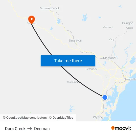 Dora Creek to Denman map