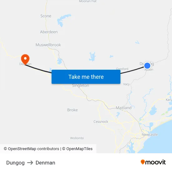 Dungog to Denman map