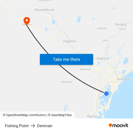Fishing Point to Denman map