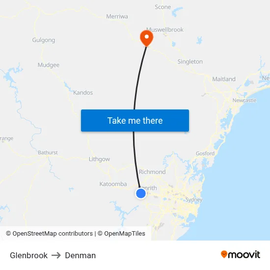 Glenbrook to Denman map