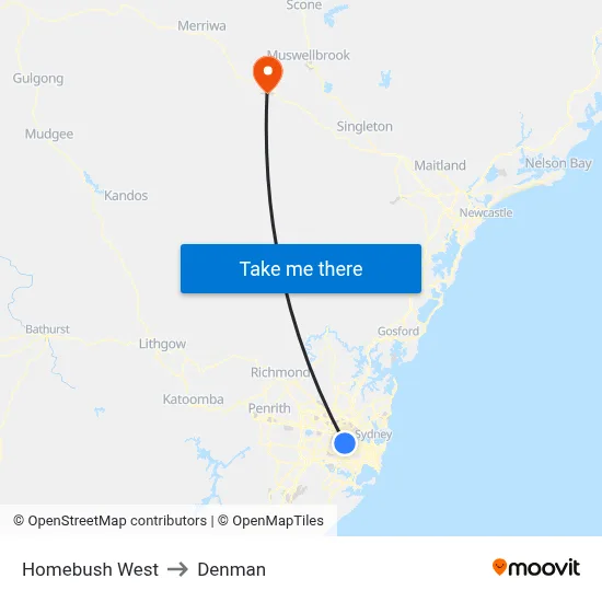 Homebush West to Denman map