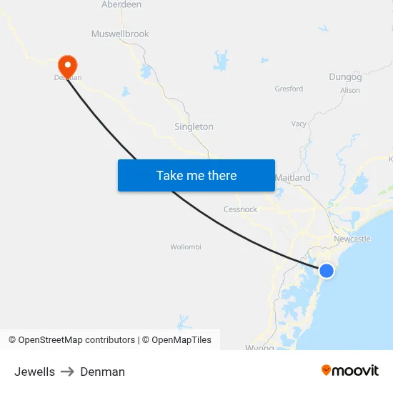 Jewells to Denman map