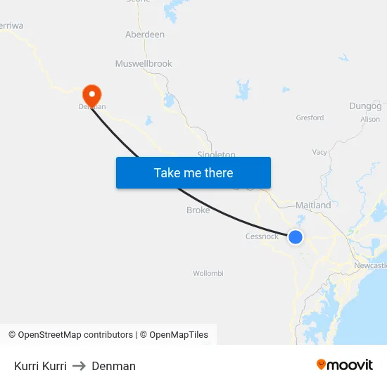 Kurri Kurri to Denman map