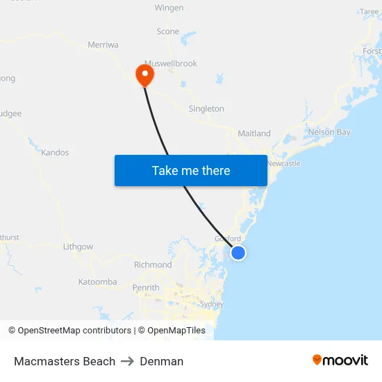 Macmasters Beach to Denman map