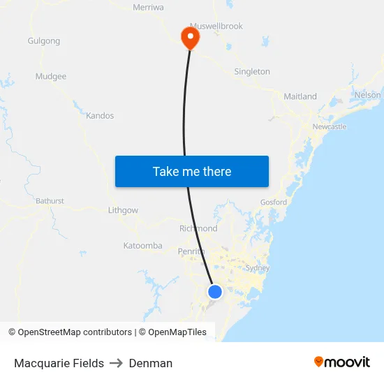 Macquarie Fields to Denman map
