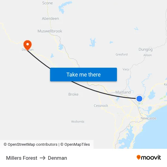 Millers Forest to Denman map